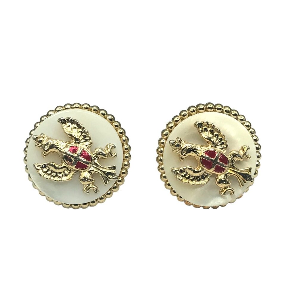 Vintage Eagle Crest MOP Earrings, Mother of Pearl Screw Back with Gold Tone Fram